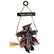 (Grey) Halloween Hanging Flying Witch With Broom Ornaments Door Wall Party Decoration