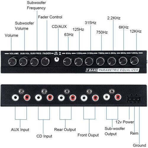 3X 7-Band Audio Equalizer, Adjustable 7 Bands EQ Car Amplifier Graphic Equalizer with CD/AUX Input Select ,Black 2