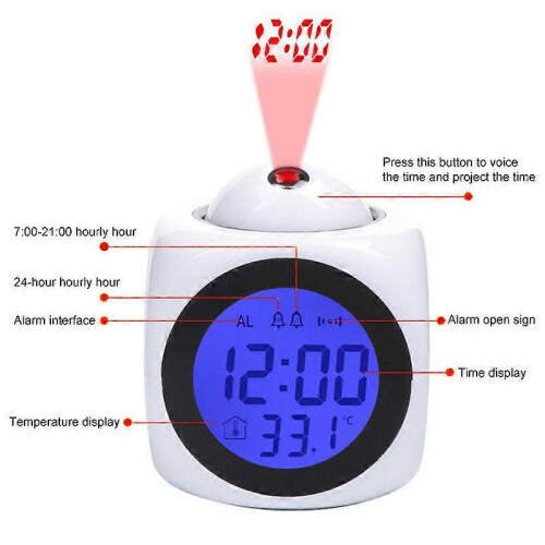 (white) LED Projection Alarm Clock Digital LCD Display Voice Talking Weather Snooze USB 2