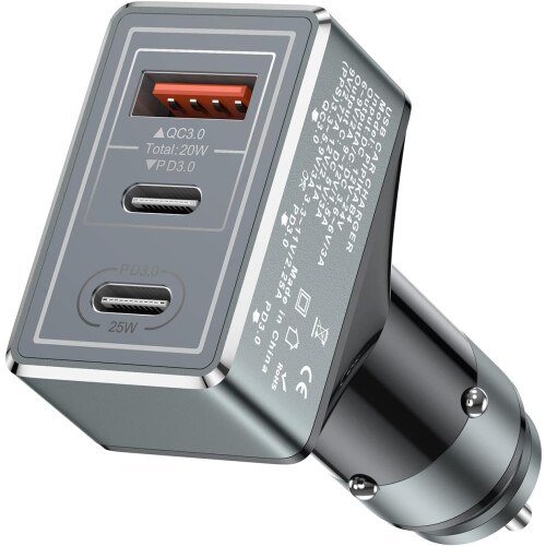 3-PORT USB BILOPLADER LED TIL CIGARETLYS 65W
