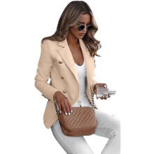 (L, Apricot) Women Double Breasted Blazer Suit Military Jacket Lapel Slim Fit Outwear Coat