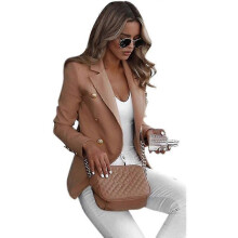 (L, Khaki) Women Double Breasted Blazer Suit Military Jacket Lapel Slim Fit Outwear Coat