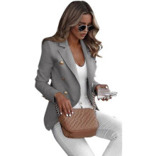 (2XL, Grey) Women Double Breasted Blazer Suit Military Jacket Lapel Slim Fit Outwear Coat