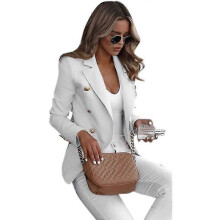 (L, White) Women Double Breasted Blazer Suit Military Jacket Lapel Slim Fit Outwear Coat