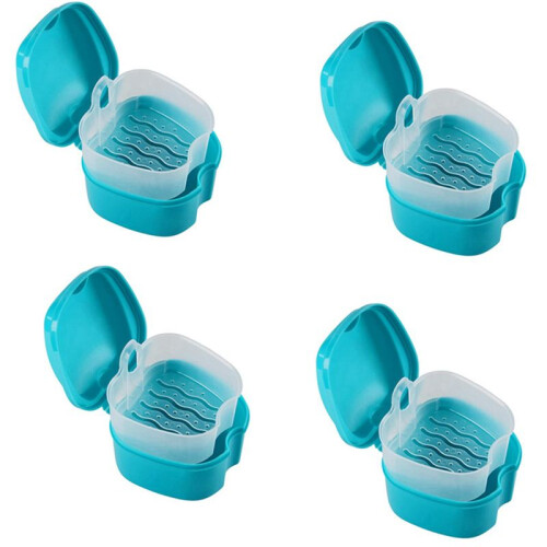 4X  Denture Case, Denture Cup with Strainer, Denture Bath Box False Teeth Storage Box with Basket Net Holder