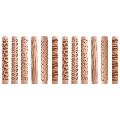 12Pcs Clay Modeling Pattern Rollers, Texture Rollers for Clay Wooden Handle Pottery Tools Stars Wood Wave