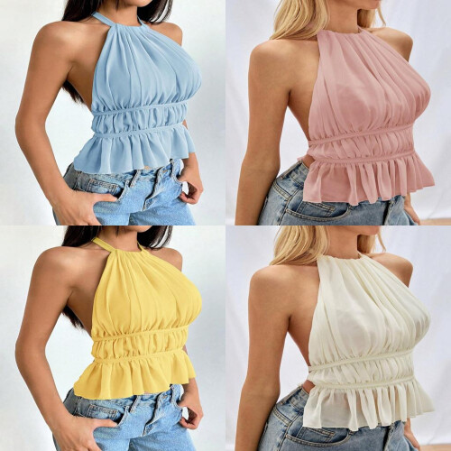 (Pink,S)Solid Color Short Top With Ruffled Back And Adjustable Straps For Adult Women 1
