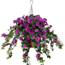 (Purple) EVAGO Hanging Basket With Artificial Vine Silk Petunia Flowers For Outdoor/indoor