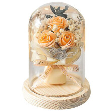 (Orange) Eternal Flowers Rose In Glass Dome With Led Lights, Romantic Gifts For Women Xmas Valentine's Day
