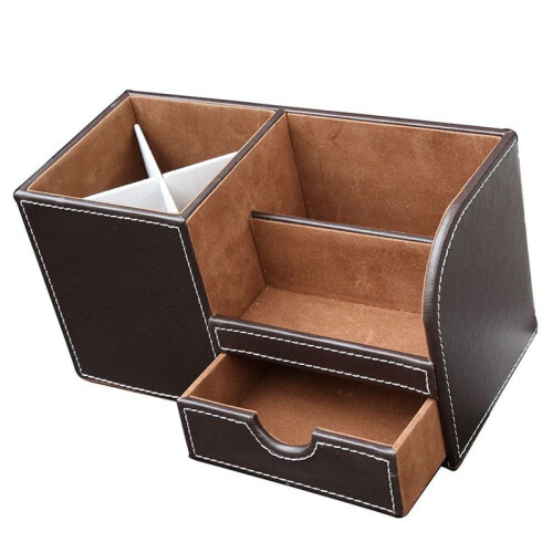 2Pcs PU Leather Multi-Function Desk Stationery Organizer Storage Box Pen/Pencil,Cell Phone(Brown-Flannel) 1