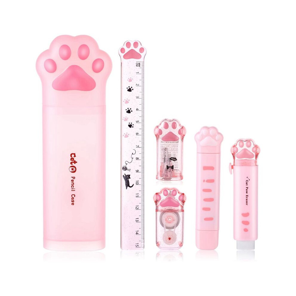 Cute Cat Paw Stationery Set, 6 Pcs Kawaii Cat Stationary Kit Pencil Sharpener Retractable Eraser Correction Tape Ruler 6033420944764