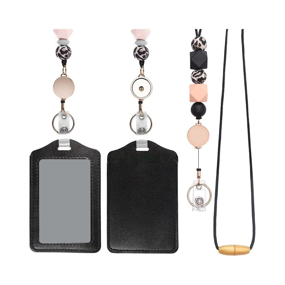 Retractable Lanyards For Id Badges And Keychain With Pu Leather Holder Teacher Lanyards Breakaway For Women Black 6031441853201