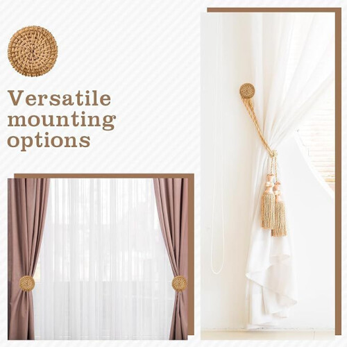 Boho Curtain Holdbacks Rattan Tiebacks With Side Windproof Design For Organizer Bathroom 2