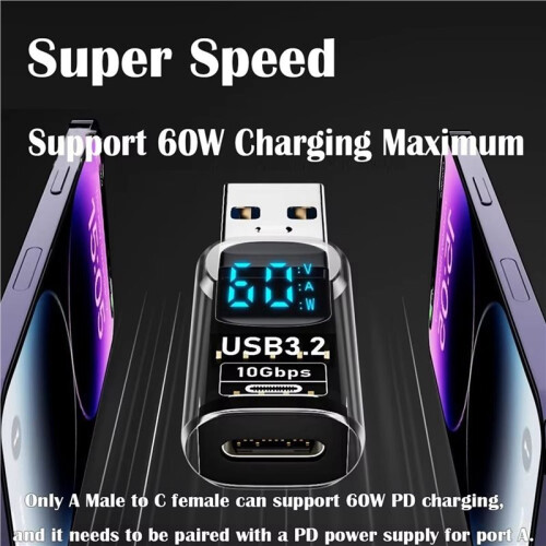 2PCS Digital LED Display USB 3.2 Adapter 10Gbps 36-60W Power Meter Tester  Chip Data Transmission USB C Extension B 2