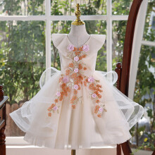 (Champagne,140)Girls Princess Flower Fairy Dress Childrens Host Puffy Performance Costume