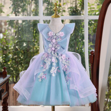 (Blue,130)Girls Princess Flower Fairy Dress Childrens Host Puffy Performance Costume