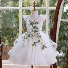(White,110)Girls Princess Flower Fairy Dress Childrens Host Puffy Performance Costume