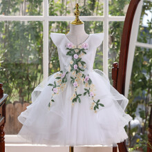 (White,150)Girls Princess Flower Fairy Dress Childrens Host Puffy Performance Costume