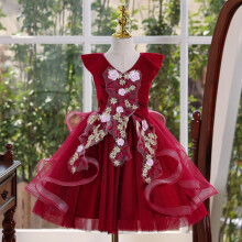 (Red,160)Girls Princess Flower Fairy Dress Childrens Host Puffy Performance Costume