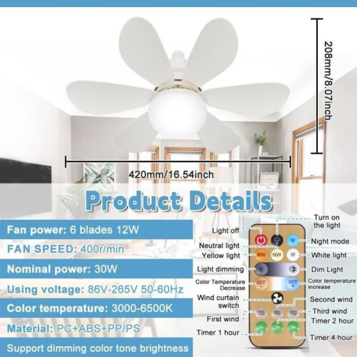 Ventilateur de plafond avec éclairage, douille E27 à intensité variable, télécommande, 3 vitesses (30 W). [Z243] 2