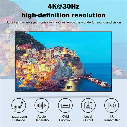 2X Extensor KVM Compatível com  de 120 M, RJ45 4K com Áudio KVM USB HD sobre Cat6 com Saída Loop IR para Mouse e Teclado 2