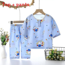 (Blue Space,100)Cotton Satin Pajama Clothes Set With Soft Summer Fabric For Kids Gift Fashion