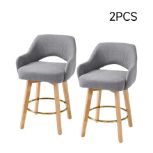 Set of 2 Grey Chenille 360° Swivel Bar Stools, Cutout Arm Counter Stools with Natural Wood Legs & Gold Metal Footrest Ring