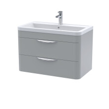 Aldershawe Contemporary Wall Hung 2 Drawer Vanity Basin Unit, Ceramic Basin, 800mm, Satin Grey