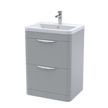 Aldershawe Contemporary Floor Standing 2 Drawer Vanity Basin Unit, Ceramic Basin, 600mm, Satin Grey