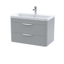 Aldershawe Contemporary Wall Hung 2 Drawer Vanity Basin Unit, Polymarble Basin, 800mm, Satin Grey