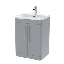 Aldershawe Contemporary Floor Standing 2 Door Vanity Basin Unit, Thin Edge Ceramic Basin, 600mm, Satin Grey