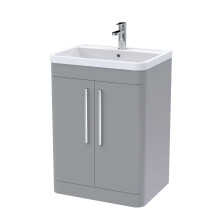 Aldershawe Contemporary Floor Standing 2 Door Vanity Basin Unit, Polymarble Basin, 600mm, Satin Grey