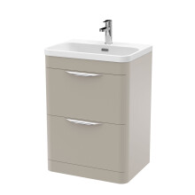 Aldershawe Contemporary Floor Standing 2 Drawer Vanity Basin Unit, Thin Edge Ceramic Basin, 600mm, Pebble Grey