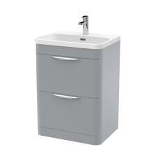 Aldershawe Contemporary Floor Standing 2 Drawer Vanity Basin Unit, Thin Edge Ceramic Basin, 600mm, Satin Grey