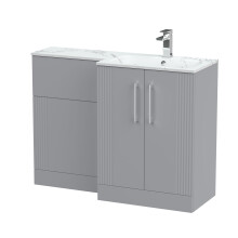 Belvide Retro Partially Fluted Floor Standing 2 Door Vanity WC Unit and Carrera Marble Stone Basin, Right Hand, 1100mm, Grey