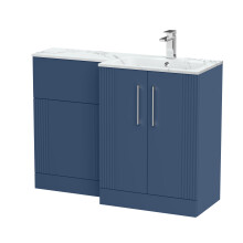 Belvide Retro Partially Fluted Floor Standing 2 Door Vanity WC Unit and Carrera Marble Stone Basin, Right Hand, 1100mm, Blue