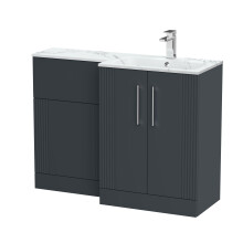 Belvide Retro Partially Fluted Floor Standing 2 Door Vanity WC Unit and Carrera Marble Stone Basin, Right Hand, 1100mm, Dark Grey