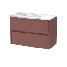 Chartley Contemporary Wall Hung 2 Drawer Vanity Unit with Carrera Marble Laminate Worktop, 800mm, Smoked Red