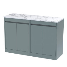 Chartley Contemporary Floor Standing 4 Door Vanity Unit with Carrera Marble Laminate Worktop, 1200mm, Coastal Grey