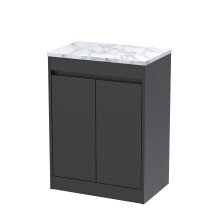 Chartley Contemporary Floor Standing 2 Door Vanity Unit with Carrera Marble Laminate Worktop, 600mm, Woodgrain Graphite Grey