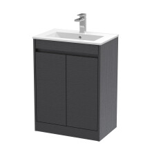 Chartley Contemporary Floor Standing 2 Door Vanity Basin Unit, Minimalist Basin, 600mm, Woodgrain Graphite Grey