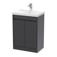Chartley Contemporary Floor Standing 2 Door Vanity Basin Unit, Thin-Edge Basin, 600mm, Woodgrain Graphite Grey