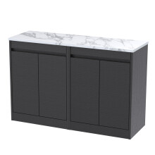Chartley Contemporary Floor Standing 4 Door Vanity Unit with Carrera Marble Laminate Worktop, 1200mm, Woodgrain Graphite Grey