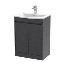 Chartley Contemporary Floor Standing 2 Door Vanity Basin Unit, Curved Basin, 600mm, Woodgrain Graphite Grey