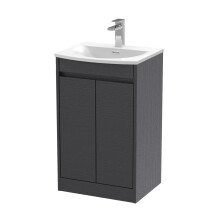 Chartley Contemporary Floor Standing 2 Door Vanity Basin Unit, Curved Basin, 500mm, Woodgrain Graphite Grey