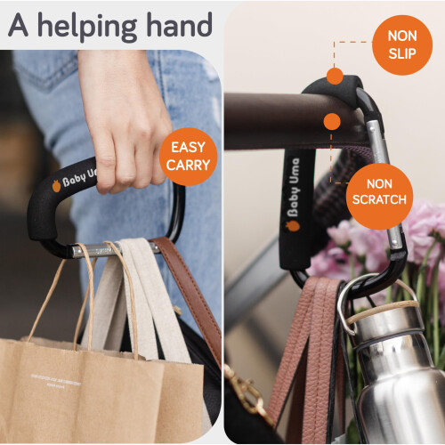 Baby Uma XL Pram Hooks (2 Pack) - Extra Large Carabiner Clip, Universal Stroller 1