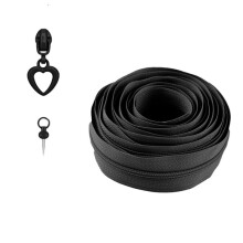 Heart-Shaped Zipper Pull & Size 5 Zipper Tape Set,Suitable for Bags, Clothing, and Fabric Crafts Black