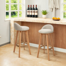 Set of 2 Beige Linen Upholstered Bar Stools, Curved Back Counter Stools with Natural Rubber Wood Legs & Rope Wrapped Footrest Ring
