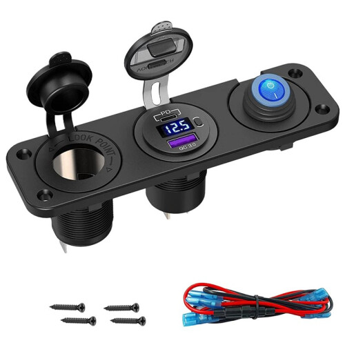 2X PD3.0 & QC3.0 USB Car Charger/Cigarette Lighter Panel 12V/24V 200W Lighter Socket with  for Car, Boat, RV 1