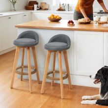 Set of 2 Grey Linen Upholstered Bar Stools, Curved Back Counter Stools with Natural Rubber Wood Legs & Rope Wrapped Footrest Ring